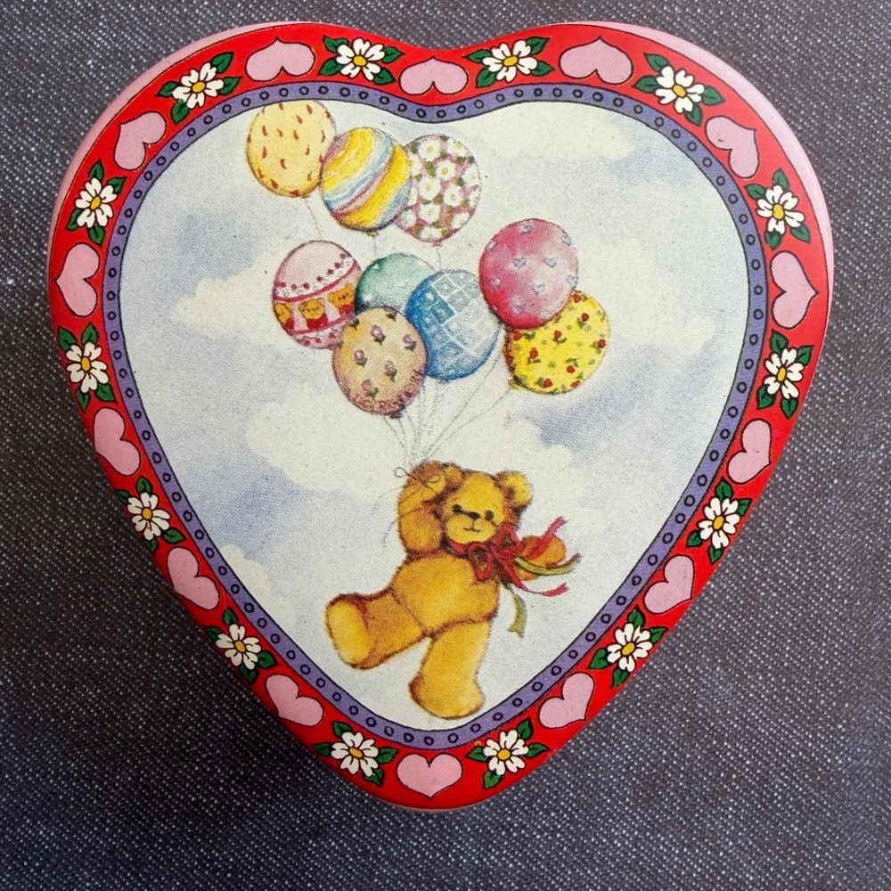 Vintage 1984 Enesco Lucy Rigg Heart Tin Teddy Bear Balloons Polka Dot Red